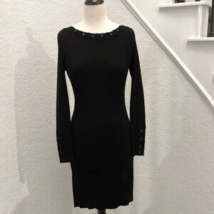 Long sleeve, black Cache sweater dress w/shoelace/baseball stitch detail. Small
